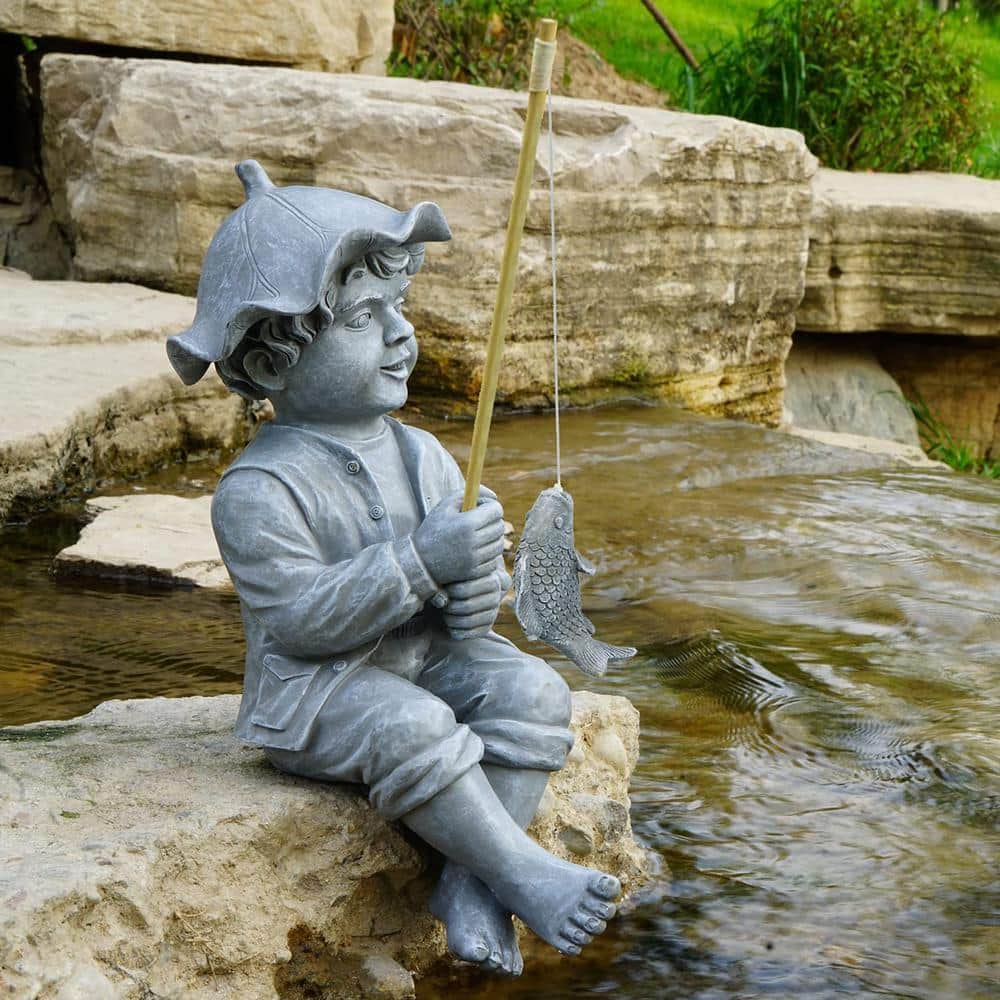 ceramics of little boy holding a fish pole for outdoors Huck Finn Fishing Garden Cement Statue Hand-Painted Fishing Boy Decorative Downspout