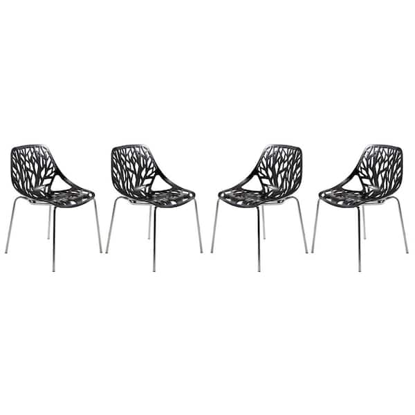 Leisuremod Asbury Modern Stackable Dining Chair With Chromed Metal Legs Set of 4 in Black