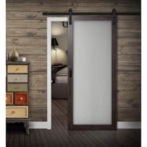 36 in. x 84 in. Iron Age Gray MDF Frosted Glass 1 Lite Design Sliding Barn Door with Rustic Hardware Kit
