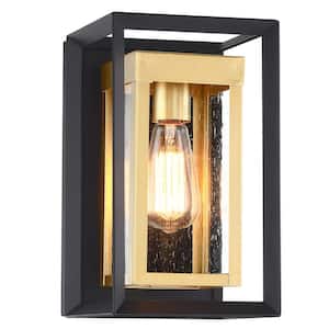 1-Light Matte Black & Golden Outdoor Fixture Wall Lantern Sconce with Seeded Glass