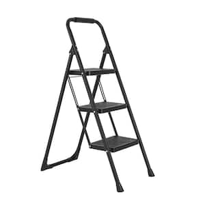 3.5 ft. Reach 3-Step Black Iron Ladder Foldable Non-Slip Outdoor Ladder Loading 330 lbs. for Home, Kitchen, Office