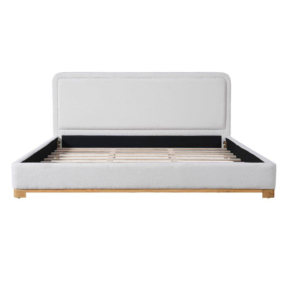 White Wood Frame King Size Soft Boucle Upholstered Platform Bed with Solid Rubber Wood Base and Legs - thumbnail 5
