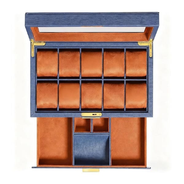 10-Slot 14"D x 8"W x 6"H Blue Rectangular Leather Watch Case Display Organizer