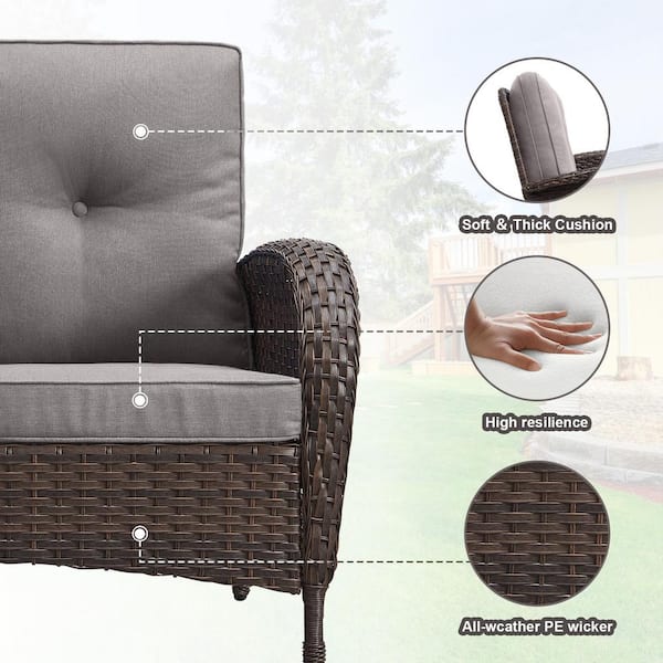 Brown 5-Piece Wicker Patio Conversation Set with Armchairs, Outdoor Loveseat Seating Set with Gray Cushions