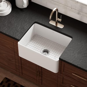 24 in. White Fireclay Apron Front Kitchen Sink, Single Bowl Farmhouse Sink, With Sink Strainer and Protective Grid