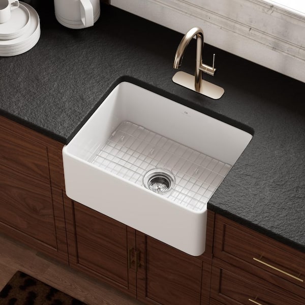 Los Flexi 24 in. White Fireclay Apron Front Kitchen Sink, Single Bowl Farmhouse Sink, With Sink Strainer and Protective Grid