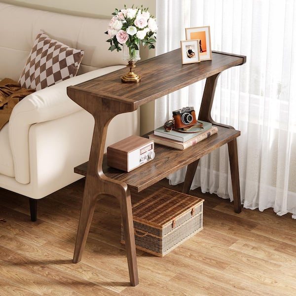 Kerlin 27.56 in. Brown Rectangular Wood End Table, 2-Tier Sofa Side Table Narrow Couch Table for Living Room