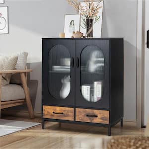 Black Wooden 31.5 in. Kitchen Storage Cabinet Freestanding Buffet Sideboard with 2 Glass Doors and Drawers