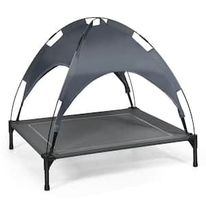 35.5 in. Large Gray Metal Bed Portable Outdoor Elevated Pet Bed Cooling Dog Cot with Removable Canopy Shade
