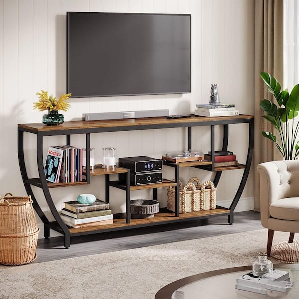 Ezlynn70.9 in. Rustic Brown Wood TV Stand Fits TVs up to 55 to 80 in. with Open Storage Shelves Living Room Bedroom Home