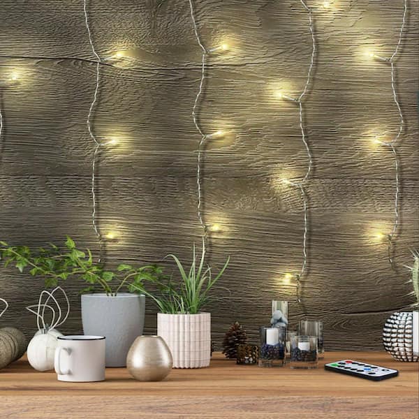 120-Light 8 ft. Plug-In Mini LED Indoor Silver Wire Warm White Curtain Fairy String Light with Remote