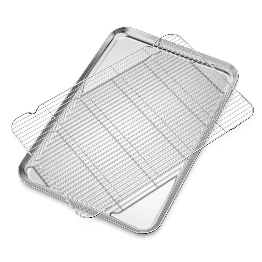 Stainless Steel Silver Baking Sheet and Cooling Rack Set, Professional Bakeware, Healthy & Nontoxic & Rustproof
