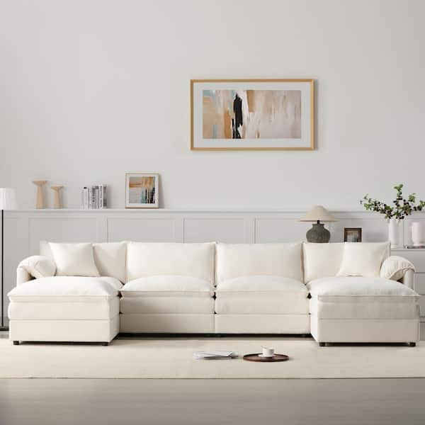136 in. Double Cushions Chenille Modular U Shaped 6-Seat Sectional Sofa in Beige with Deep Wide Seat, Movable Ottomans