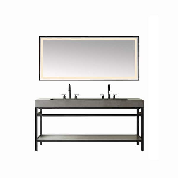 ROSWELL Lleida 72 in. W x 22 in. D x 34 in. H Single Sink Bath Vanity in Matt Black W/Grey Natural Sintered Stone Top and Mirror