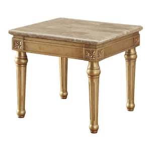 26 in. W Gold Marble Top End Table with Fluted Detail Wooden Turned Legs