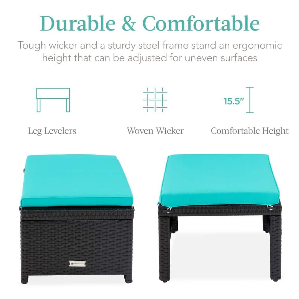Patio Wicker Ottomans with Removable Cushions and Steel Frame - Black/Teal