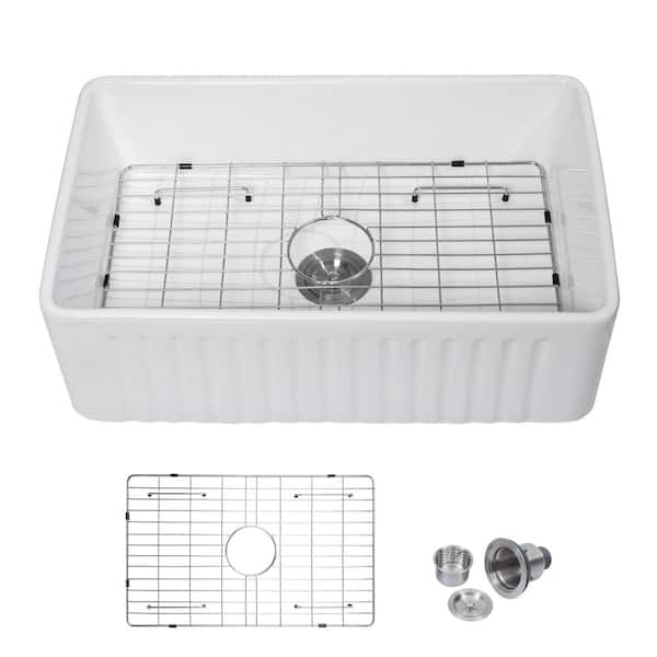 30 in. Farmhouse/Apron-Front Single Bowl White Ceramic Kitchen Sink with Accessories