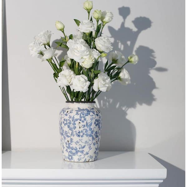 Round Blue Vase Flower Ceramic Porcelain Vintage Chinoiserie