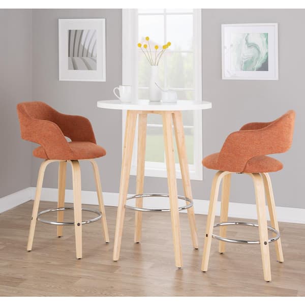 Lumisource Margarite 25.75 in. Orange Fabric, Natural Wood and Chrome Metal Fixed-Height Counter Stool Round Footrest (Set of 2)