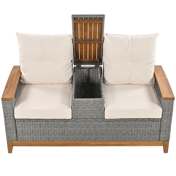 Polibi Beige Wood Outdoor Comfort Adjustable Back Loveseat with Beige Cushions