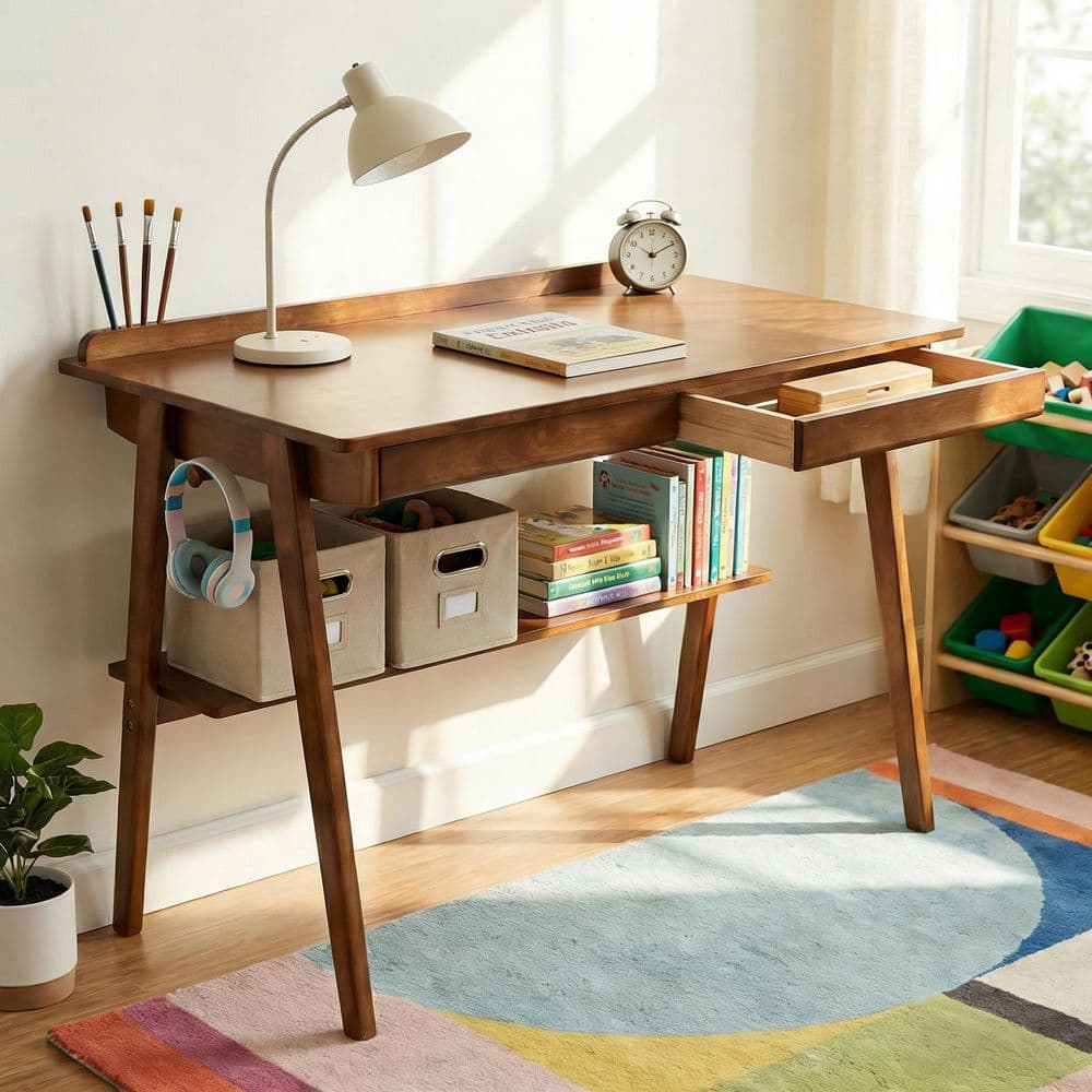 47 in. Rectangular Walnut Sturdy Solid Wood 2-Drawer Writing/Computer Desk with Shelf, Side Hooks and Pen Holder Holes