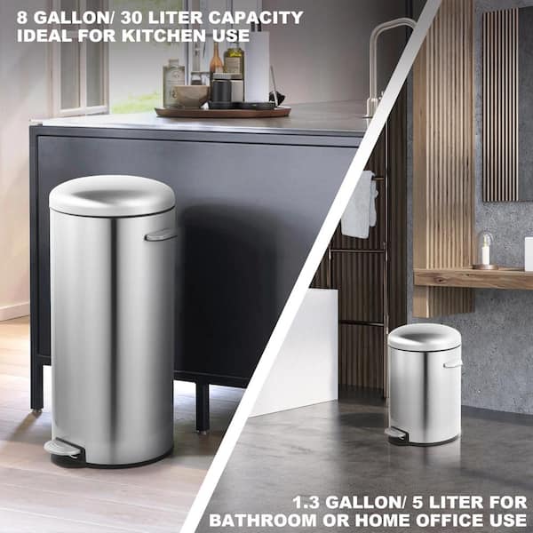 Innovaze 8 Gal./30-Liter and 1.3 Gal./5-Liter Fingerprint Free Stainless  Steel Round Step-on Trash Can Set MGCS-AS1805 - The Home Depot