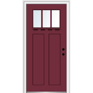 36 in. x 80 in. Left-Hand Inswing 3-Lite Clear 2-Panel Shaker Painted Fiberglass Smooth Prehung Front Door with Shelf