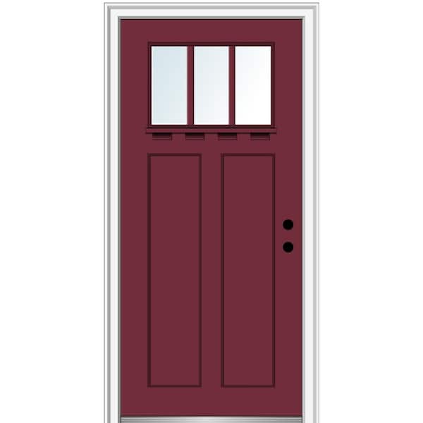 MMI Door 32 in. x 80 in. Left-Hand Inswing 3-Lite Clear 2-Panel Shaker Painted Fiberglass Smooth Prehung Front Door with Shelf