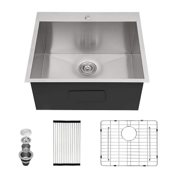 22 in. Drop-in/Topmount Single Bowl 16-Gauge Stainless Steel Kitchen Sink Bar Utility Laundry Sink with Bottom Grid