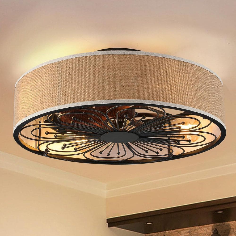 Jushua 20 in. Low Profile White Caged Flush Mount Ceiling Fan with