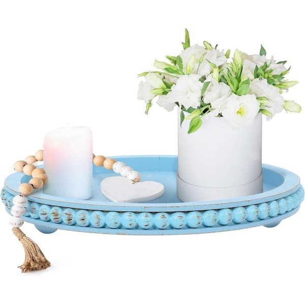 Unbranded 12 in. Light Blue Round Wood Decorative Tray (Set of 1)