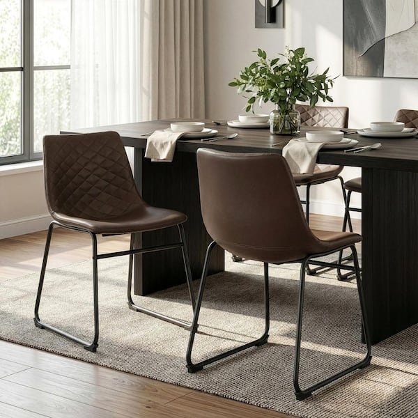 Set of 2 Ave Iron Frame Brown Faux Leather Dining Chair with Stitching