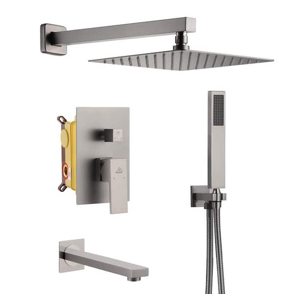 3-Spray Patterns Square 10 in. Wall Mount Dual Shower Heads 2.5 GPM with Tub Faucet in Brushed Nickel