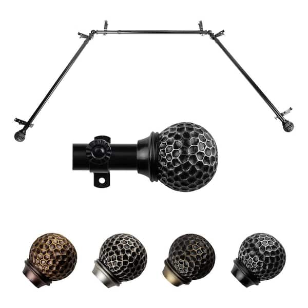 EMOH Ushasi 20-36 in. sides, 38-72 in. center Adjustable Bay Window Curtain Rod 13/16 in. in Black with Finial