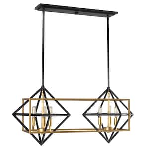 Pryor 33 in. W x 12.3 in. H 6-Light Antique Gold/Black Geometric Linear Pendant Light with Open Metal Frame