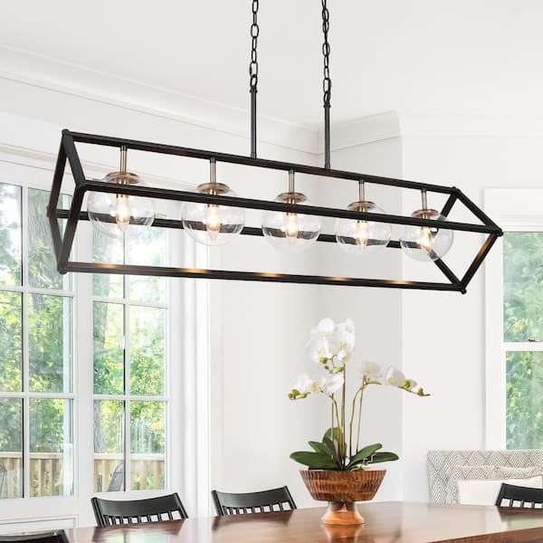 Zevni 41.5 in. 5-Light Industrial Black Linear Chandelier with Clear Glass, Island Pendant Light for Dining Room, Kitchen