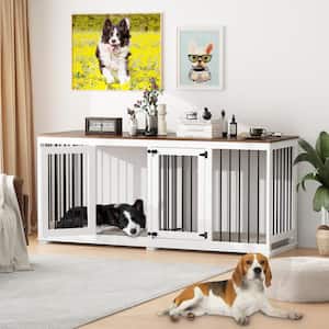 71 in. Large Dog Crate Furniture for 2 Dogs, Heavy Duty Wooden Dog Kennel with Trays and Divider for Large Medium Dogs