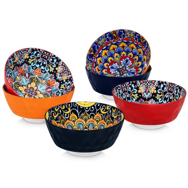 MALACASA 26 fl. oz. Dark-green Orange Red Porcelain Cereal Bowls Set of 6, Double-Sided Pattern Serving Bowls Soup Bowls