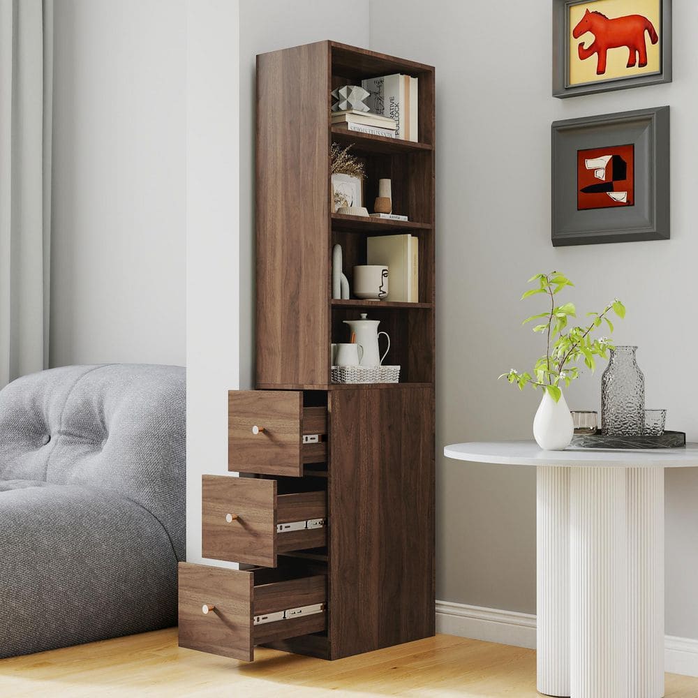 Relic Walnut Wood 70.87 in. Display Storage Cabinet with 4-Tier Shelf and 3 Side Drawers