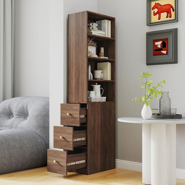 Relic Walnut Wood 70.87 in. Display Storage Cabinet with 4-Tier Shelf and 3 Side Drawers