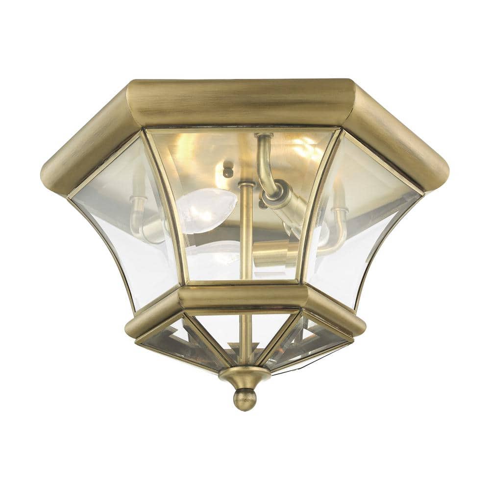 Antique Brass Hexagon 3-Light Outdoor Ceiling Lantern with Clear Beveled Glass