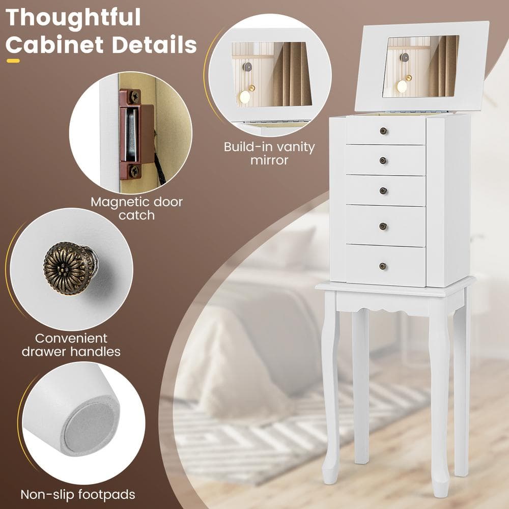 White Wall Mounted Jewelry Armoire with Mirror and Drawers