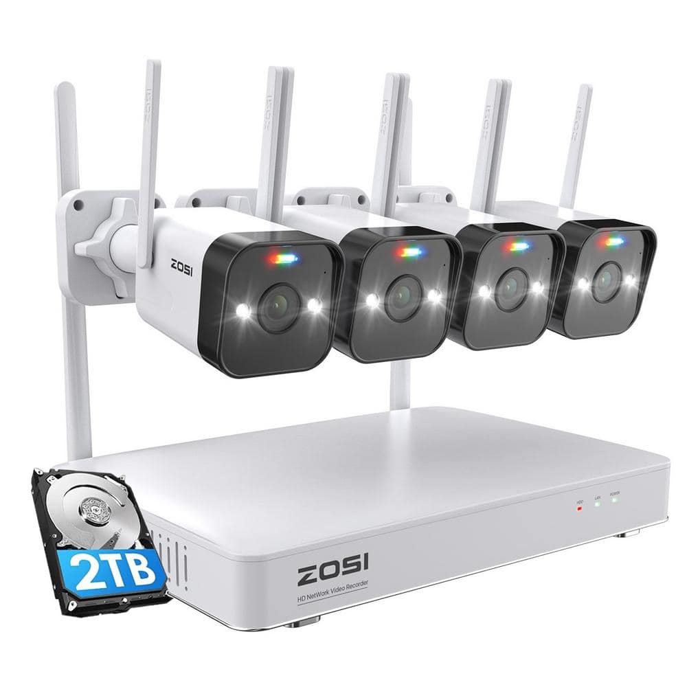 ZOSI 3MP 2K 8-Channel 2TB NVR Wireless Security Camera System with 4 Outdoor Wi-Fi IP Spotlight Cameras, 2-Way Audio, Black/White -  ZSWNVK-U83042-W