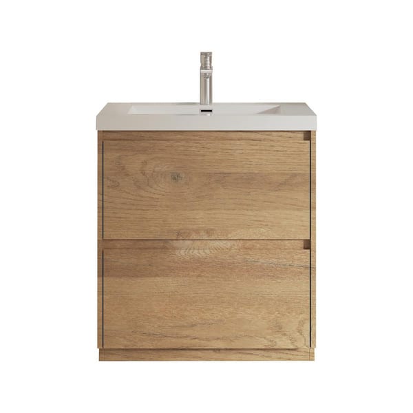 Angela-T 30 in. Single Natural Oak Bath Vanity Free Standing Vanities with Gloss White Resin Stone Top 2-Drawers