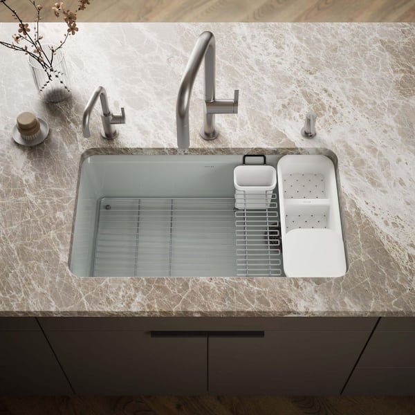 Riverby Undermount Cast-Iron 33 in. 5-Hole Single Bowl Kitchen Sink Kit with Accessories in Ice Grey