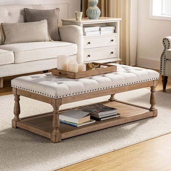 JAYDEN CREATION Jakob Ivory Upholstered Storage Ottoman with Solid Wood Legs