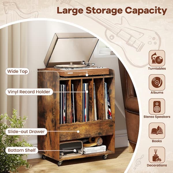 Hongge Record Player Stand with Drawer and Record Holder for