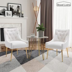 White Tufted Velvet Upholstered Golden Legs Dining Chair with Pulling Handle and Adjustable Foot Nails(Set of 2)