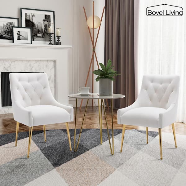 Boyel Living White Tufted Velvet Upholstered Golden Legs Dining Chair with Pulling Handle and Adjustable Foot Nails(Set of 2)