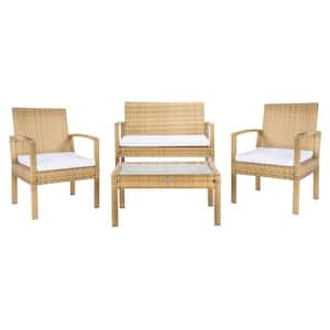 Bassey Natural 4-Piece Wicker Patio Conversation Set with White Cushions